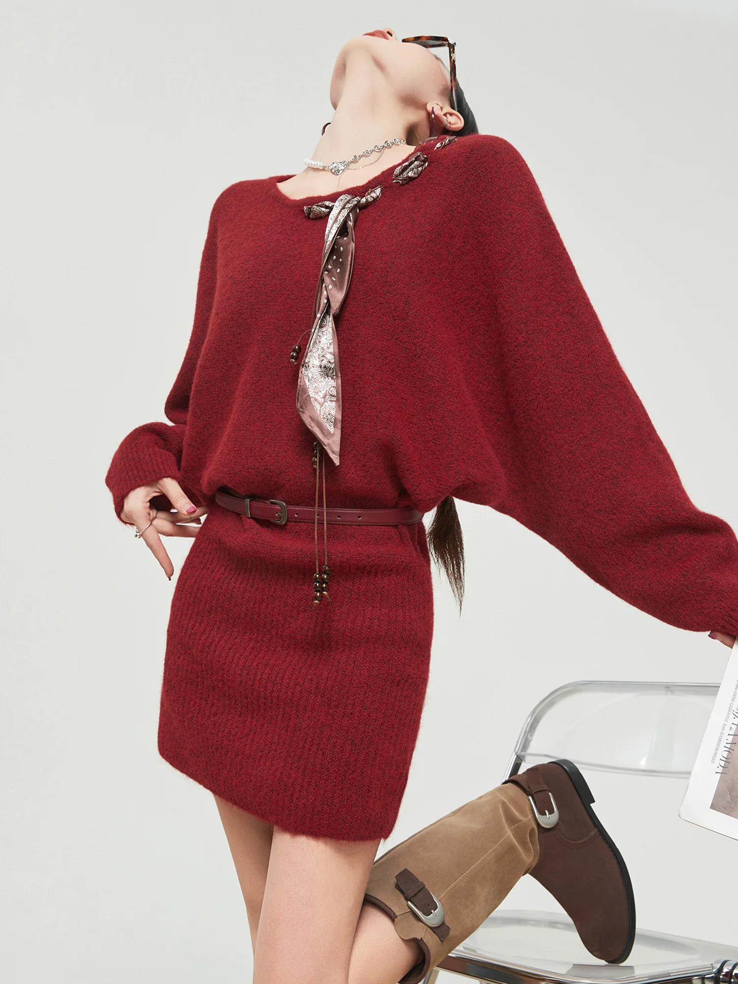 

Cisas Aosphere Red Long Sve Knitted Dr Women's Korean Sle Waist Cinching Slimming Bodycon Scarf oulder Slip on