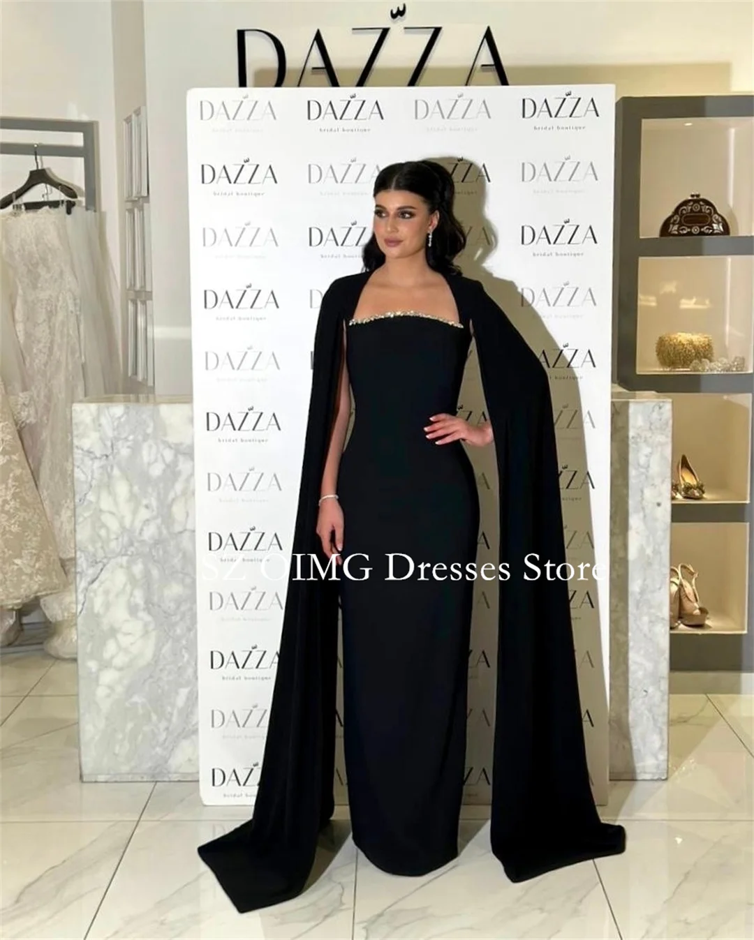 

OIMG Crystals Square Collar Prom Dresses with Cape Sleeves Arabic Black Vintage Simple Satin Evening Gowns Formal Party Dress