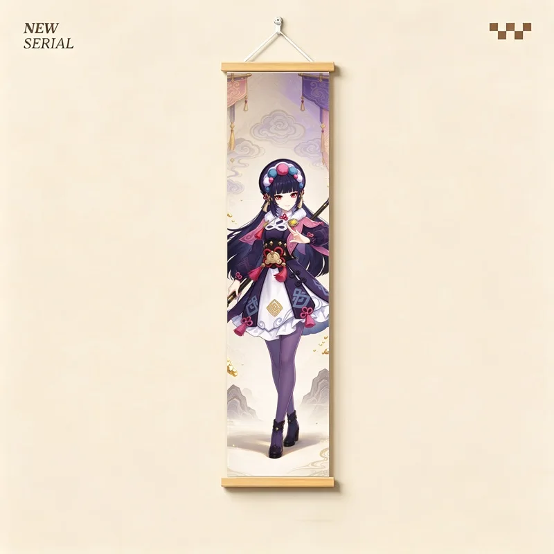 Hanging Scroll Wall Art of Genshin Impact Yun Jin with Purple and Gold Motifs on Silver Shimmer Canvas for an Anime Bedroom