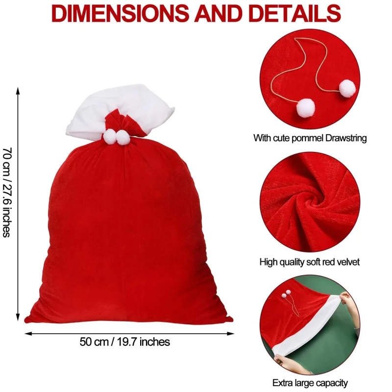 كبير عيد الميلاد سانتا كيس أحمر سعة كبيرة الرباط كيس الحلوى الاطفال الهدايا حامل حقيبة عيد الميلاد عطلة لوازم الديكور الطرف