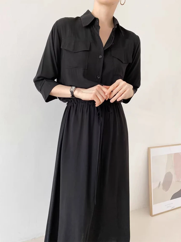 Clothland Women Elegant Shirt Dress Pocket Drawstring Tie Sashes Three Quarter Sleeve One Piece Office Midi Dresses QD510