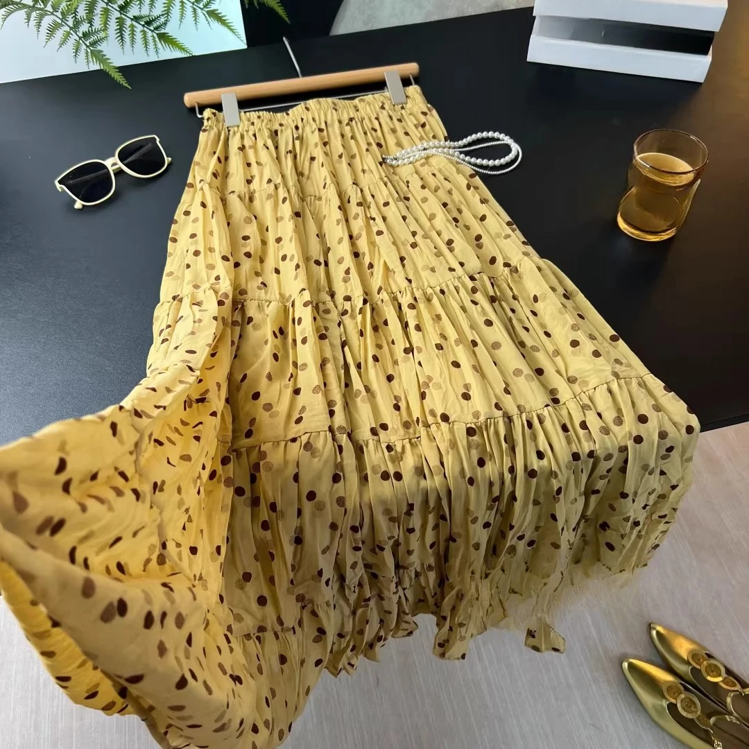 

2026 Spring Summer Women Dot Plated Ruffles A Line Chiffon Skirt , Woman Casual Fashion Long Ankle Length Skirts