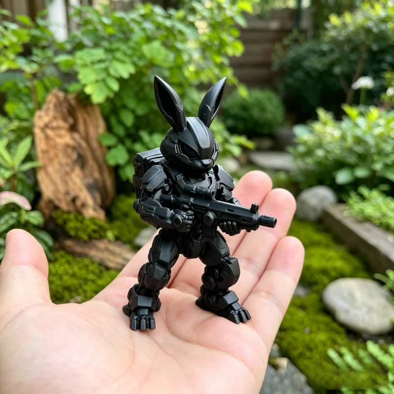 Tactical Armed Mecha Rabbit Figurine With Rifle,3D Print Mini Robot Bunny Statue For Game Room Desktop Collection Decor Gift