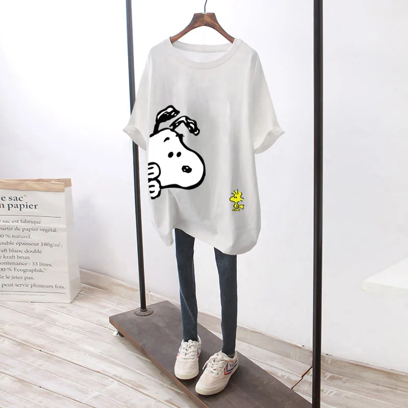 2022 New Snoopys Short Sleeve T-Shirt Kawaii Anime Summer Women's Mid-Length Clothes Loose Soft Comfortable Crew Neck Dress Gift