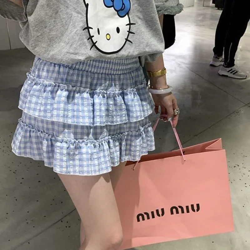 

America Sweet Beautiful Girl Mini Skirts Cute Ruffles Ball Gown Tiered Skirt Sky Blue Plaid Elastic Waist Young Women Preppy Y2K