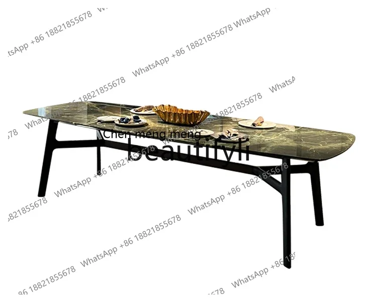 D5556 Prada green luxury stone dining table minimalist rectangular villa large flat solid wood foot dining table