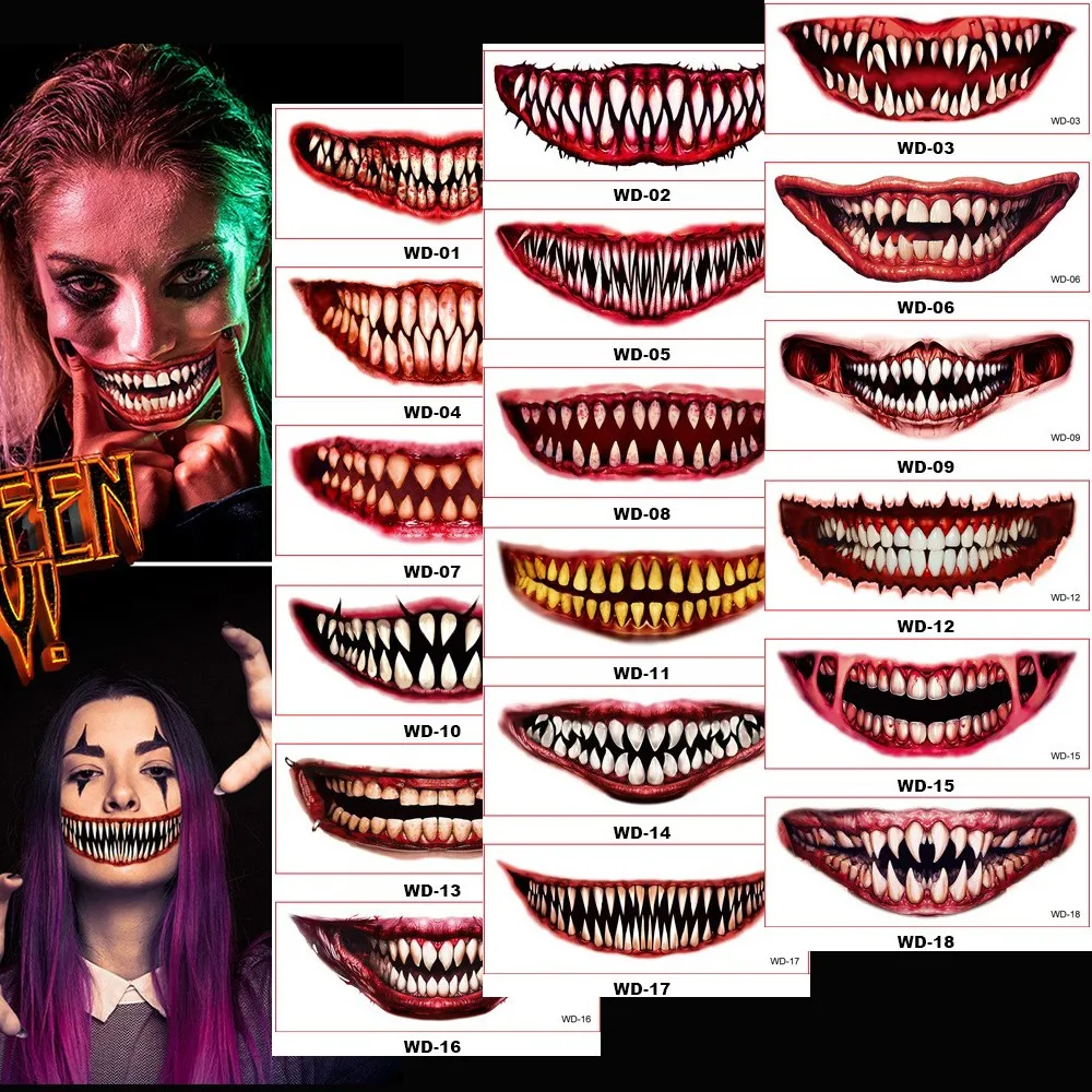 1 قطعة جديد هالوين المؤقتة لصاقات وشم الرعب الشفاه ملصقات صناعة يدوية كبير الفم الوشم مقاوم للماء مضحك ماكياج ابتسامة الشفاه الجمال