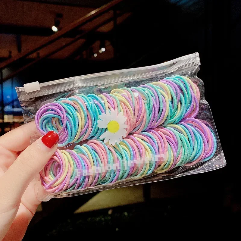 100 Pcs/bag Candy Color Small Elastic Hair Bands for Girls Solid Rubber Bands Ponytail Holder Hair Ties Ropes Accessories