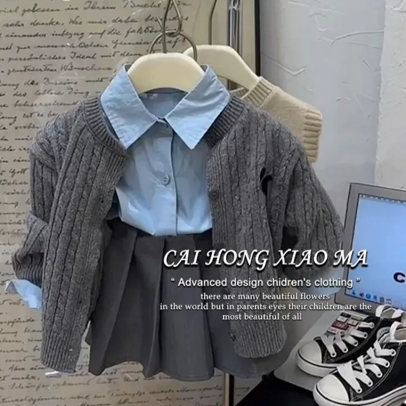 

Girls' College Style Set Spring and Autumn Children's Western Knitted Cardigan Coat Collar Shirt Folding Skirt 3PCS