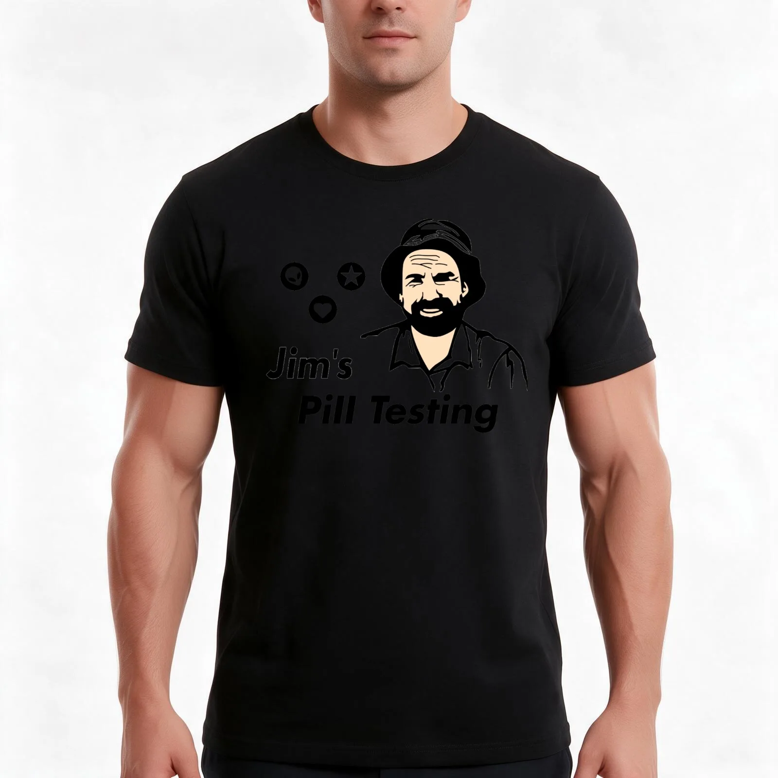 Jim's Pill Testing T-Shirt, Summer Casual Cotton Tee, Oversized Streetwear Tops, Vintage Graphic Print, Loose Fit Short Sleeve