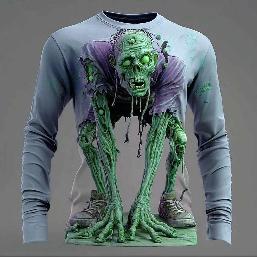 Halloween Zombie 3D Print Men's Long Sleeve T-Shirt in Green, 3D Crawling Monster Top for Spooky Costume Cosplay Party Gift Tops