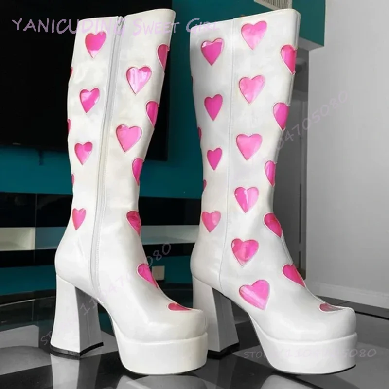 

Fuchsia Love Heart Pvc Hollow Knee Boots Girls Cute White Leather Women Rose Red Platform Heels Round Toe Hot Chick Club Shoes