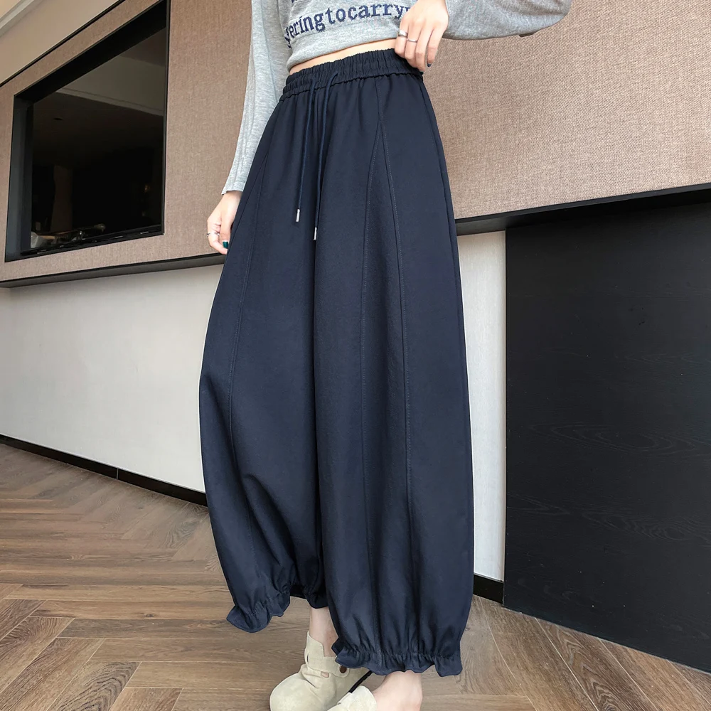 عارضة Dstring تسعة عشرات فانوس السراويل النساء فضفاضة واسعة الساق الترفيه السراويل Musoom الدانتيل مطاطا Waisand