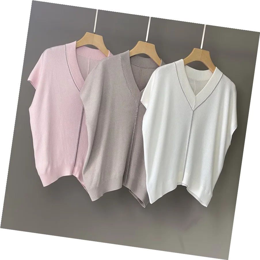 

25 Spring and Summer New Women's V-neck Bead Chain Silk Wool Knitted Top Fashion All-match