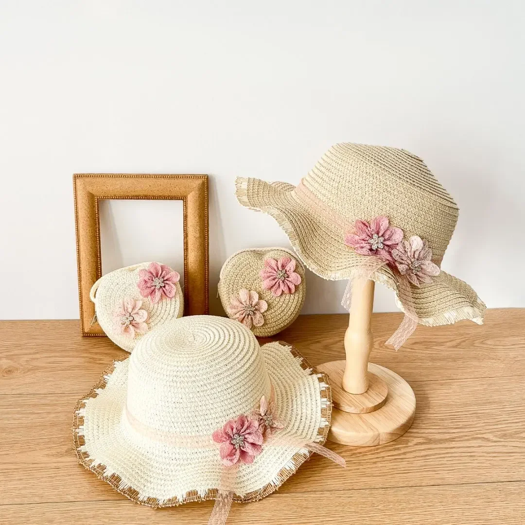 Baby Girls Straw Hat And Shoulder Bag 2pcs Set Summer Flower Beach Bucket Cap Wide Brim Holiday Beach Sun Protection Hats