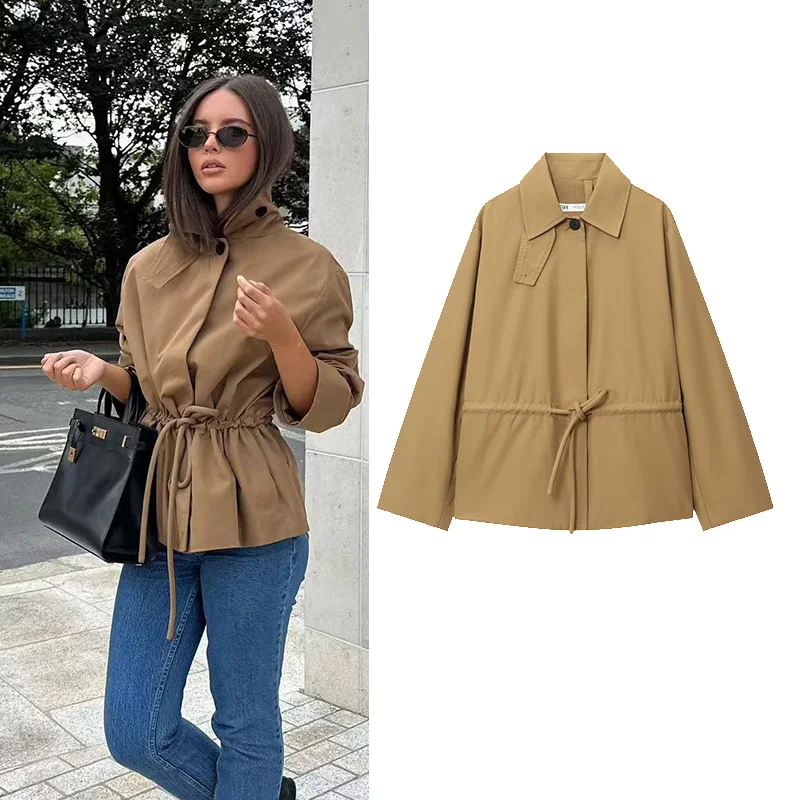 

NERHEFZ Women Short Jacket with Adjustable Waist Autumn Long Sleeve Pocket Loose Women's Parka Lady Coats Female Casual Tops