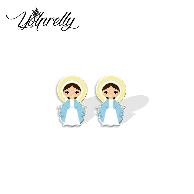 2023 New Arrival Fashion Holy Cartoon Virgen María Mary Virgin Epoxy Stud Earrings Handcraft Acrylic Resin Earrings