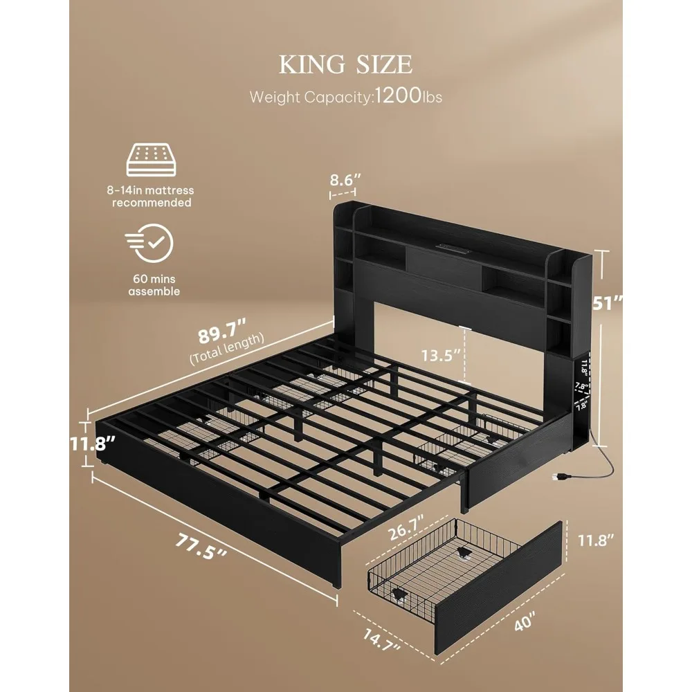 Marco de cama King con cabecera de librería y 4 cajones de almacenamiento, marco de cama LED RGB con almacenamiento de estación de carga USB y tipo C