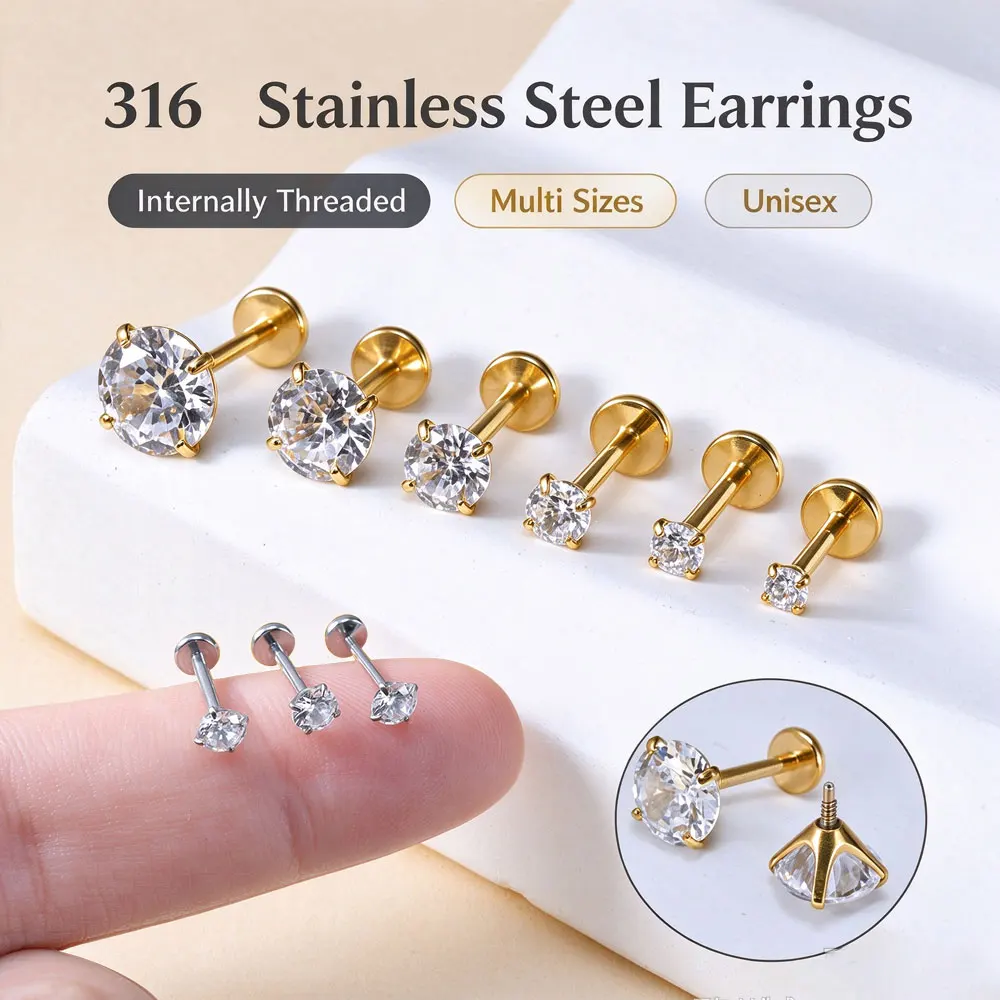 Unisex 316 Stainless Steel Long Bar Internally Threaded Labret Stud Multi Size Cartilage Earring Lip Helix Tragus Piercing Jewe