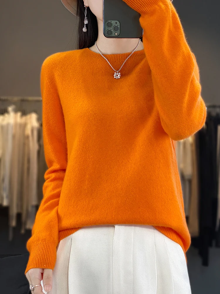 2024 New Women\'s O-Neck Long Sleeve Cashmere Pullover Sweater 100% Merino Wool Knitwear Female Clothing Autumn Winter Tops