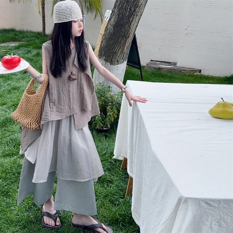 Children Clothes Girl Summer Mori Style Brown Irregular Sleeveless Top and Wide Leg Pants 2026 Loose Comfortable