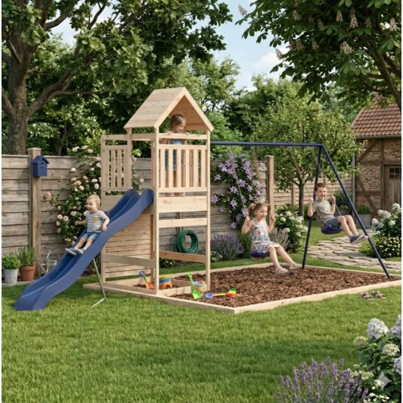 Aire de jeux extérieure en bois de pin massif 510x199x249 cm. Structure de jeu composée d'un tour de jeu, d'une double balançoire et d'un toboggan ondulé bleu. Robuste et sécurisée, capacité de charge maximale de 45 kg, destinée aux enfants de 3 à 8 ans, montage nécessaire.