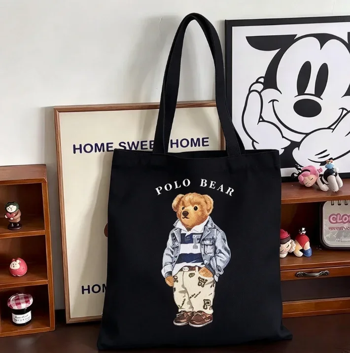 2026 Reusable Eco Canvas Shoulder Bag Fashion Outfit Teddy Bear Graphic Print Large Tote Bag Portable Grocery Book Storage
