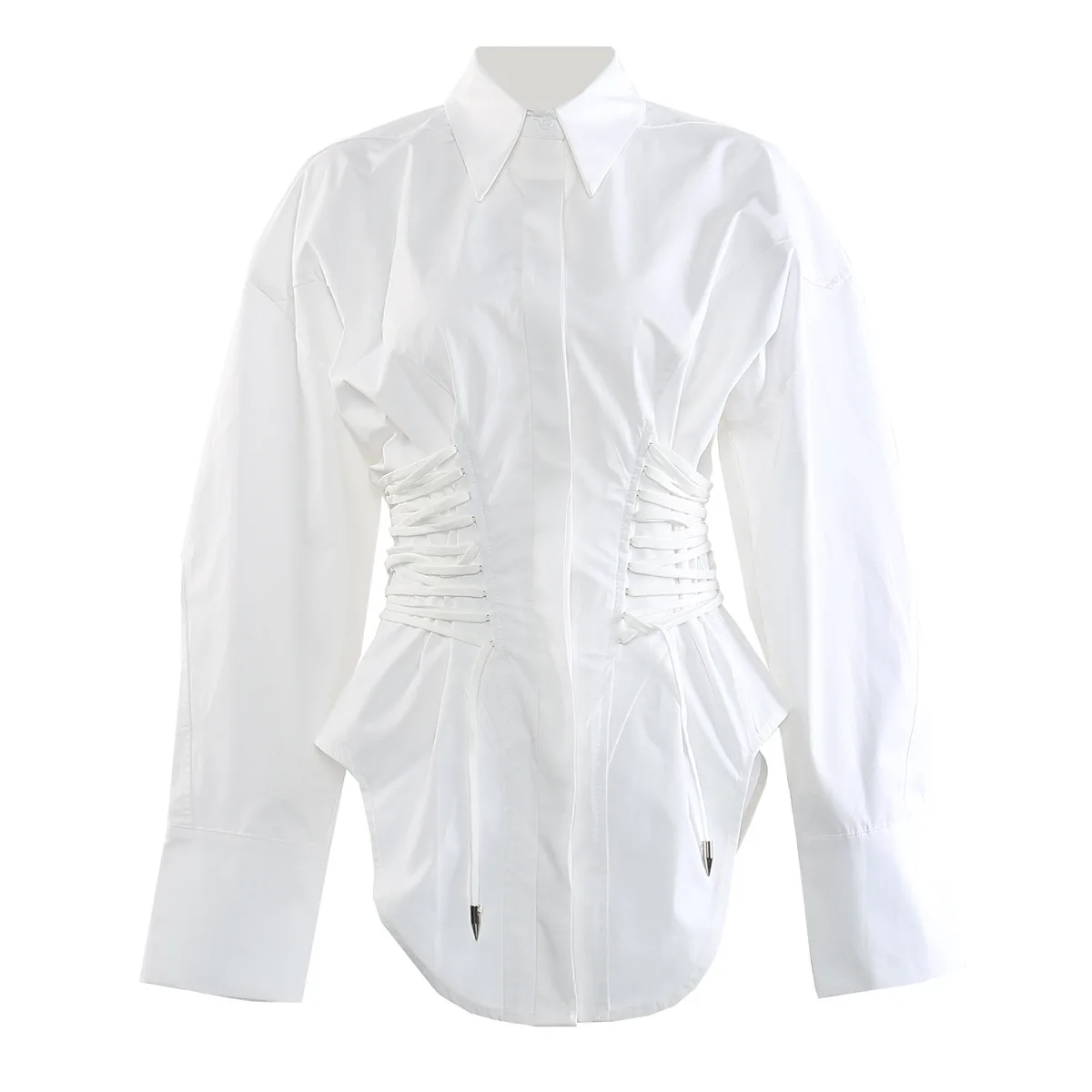 Chic Turndown Collar Long Sleeve Lace-up Drawstring Waist Slim Shirt Niche Design Solid Color Cool Overshirt Casual Outerwear