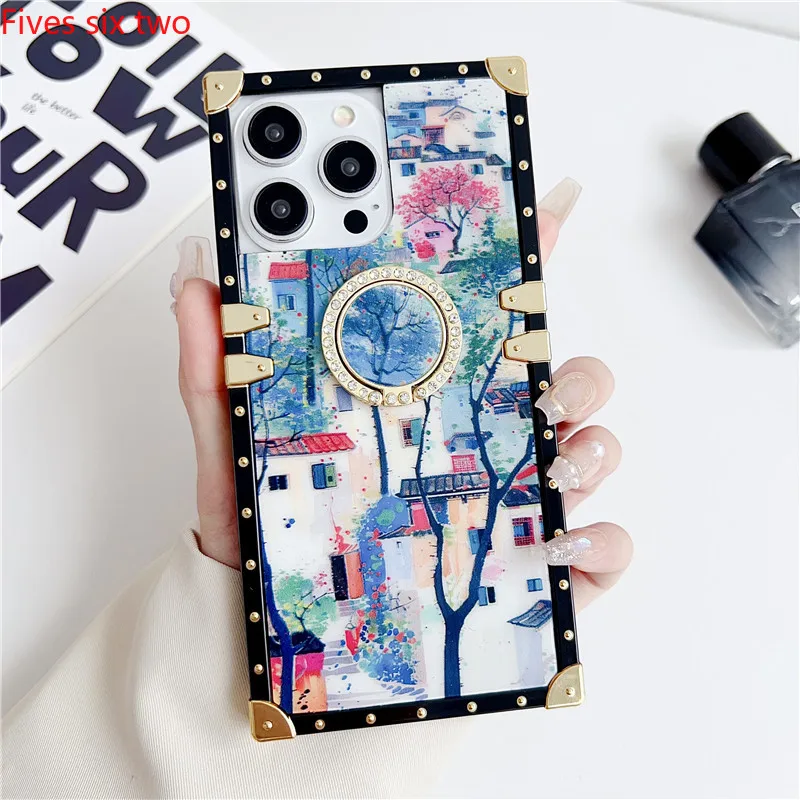 Luxury Bumper Cover Vintage Flower Ring Stand Case For OPPO Realme C55 C53 C35 C21 Reno 10 5 4 8Z 7Z 6Z A78 A95 A54 A17K A16 A15