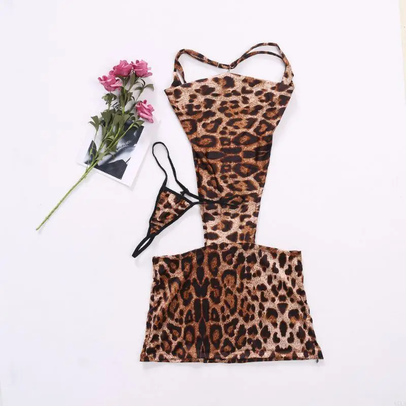 

N5KB New Sexy Womens Leopard Lingerie Underwear Sleepwear Backless Mini Dress Teddies