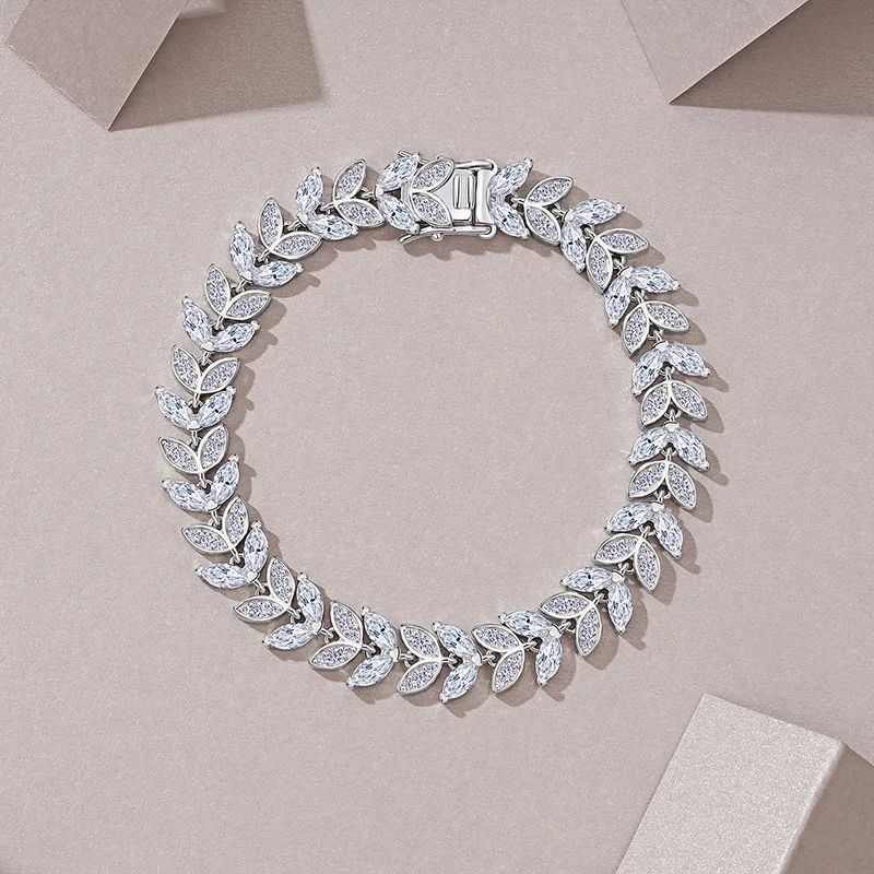 

S925 SterlingMoissanite Bracelet for Women, Floral Cluster & Leaf Design with Marquise Cuts, Light Luxury High-End Jewelry Gift