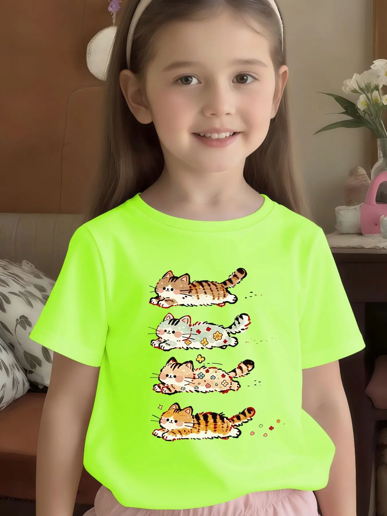 Lovely Four Running Kittens Print Kids T Shirt Boys Girls Parent Child Short Sleeve Soft Breathable Summer Daily Children Outfit