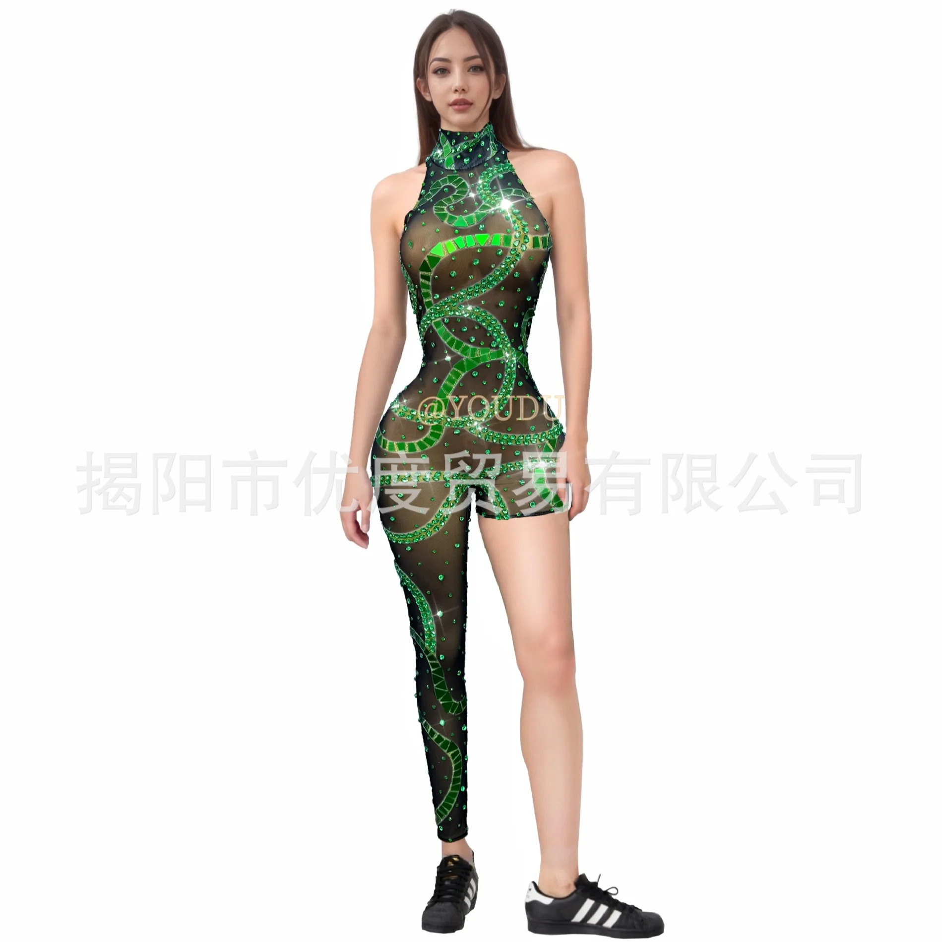 Domineering Personality Rhinestone Glam Mesh Unilateral Jumpsuit Cocktail Night Party Performance Green Disc Snake Partykleider