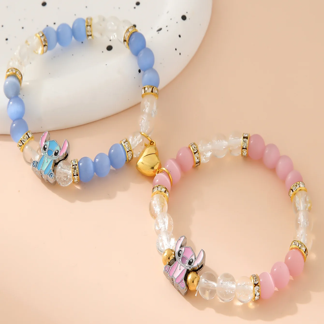 2Pcs/Lot Fashion Opal Beads Magnetic Attraction Heart Stitch Cartoon Charms Bracelets Couple Friendship Bracelets Jewelry Gifts