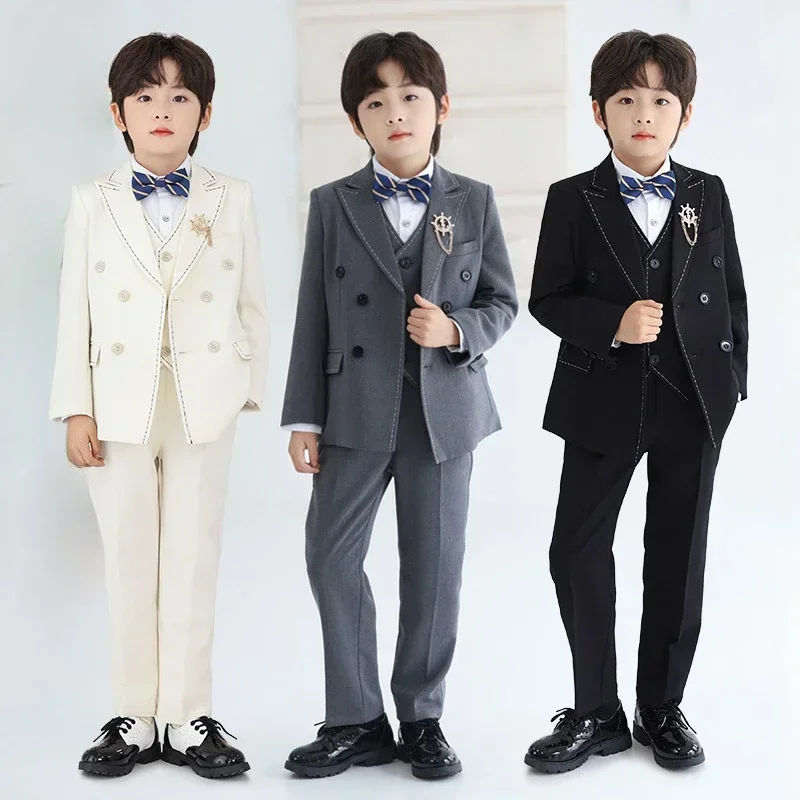 Boys Suit for Weddings Spring Autumn Beige Gentleman Teen Children Host Piano Performance Costume 2 To 14 Y Kids Birthday Tuxedo