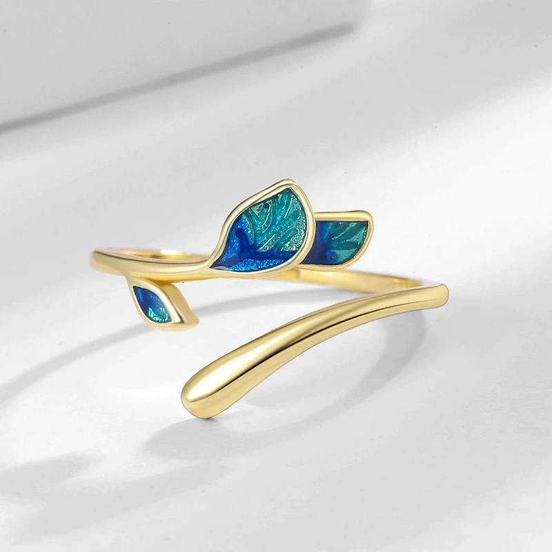 Leaf Resin Open Adjustable Rings Fresh Green Twig Copper Ring for Women Nature Inspired Stackable Jewelry Gift