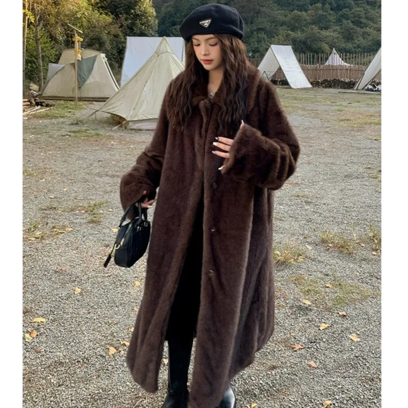 Winter Vintage Brown Lapel Mink Faux Fur Coat CHIC Women Full Sleeve Loose Warm Below Knee Maxi Long Jacket Coat