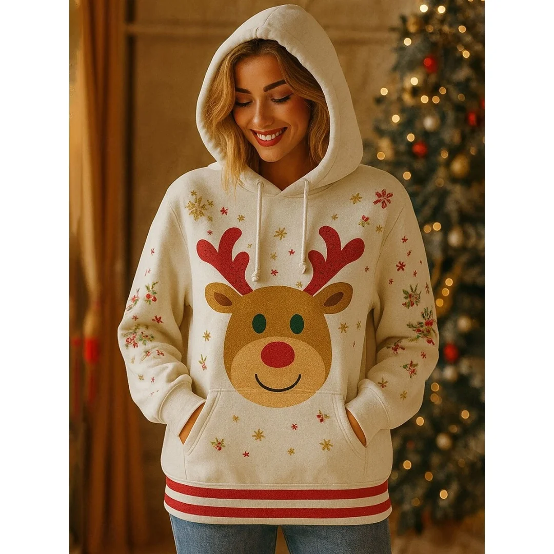 

New Women's Hoodie 3D Reindeer Graphic Printed Casual Long Sleeve Tops Wear Street Christmas-Themed Fashion Sweatshirts Pullover