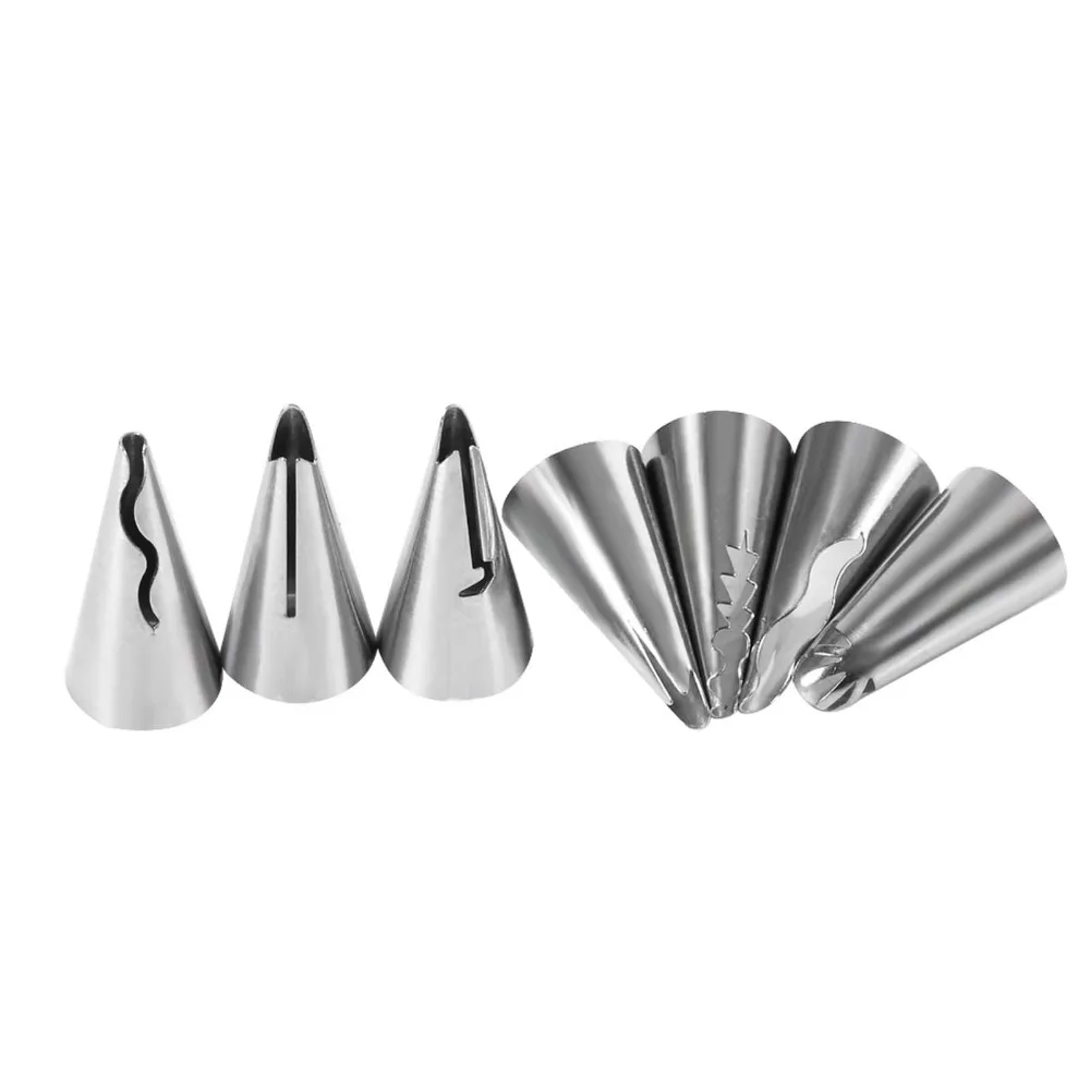 7pcs 304 Stainless Steel Piping Nozzles Set Polished Finish Fine Cutout Cake Decorating Tips Easy to Clean Wavy Opening