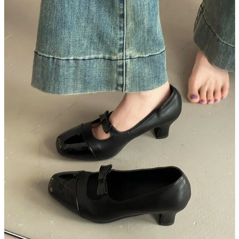 

Bows Square-toe Mary Jane Shoes in 2026 Spring French Retro Open-toe Sweet Style with Thick Heels,Versatile Women's Single Shoes