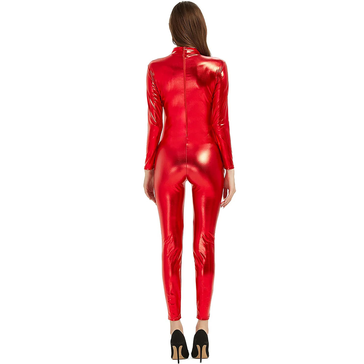 Speerise Women Shiny Metallic Jumpsuit Long Sleeve Catsuit Bodysuit Tights Full Body Unitard Custom Skin Bodysuits  Zipper Back