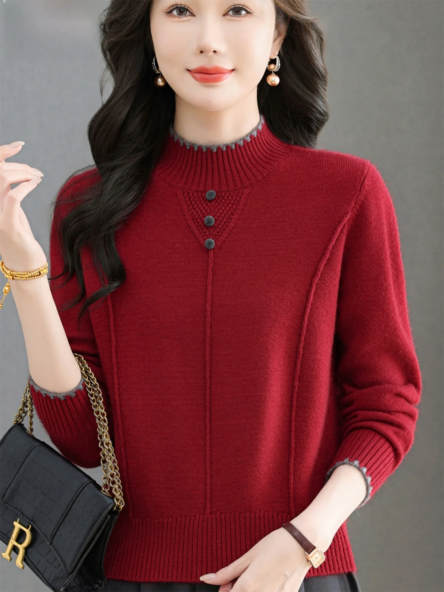 

Faionable Knitted Wool Sweater Loose Fit Mid-aged And ly Women's Autumn Winter New Sle f-high Collar Slimming Bas...