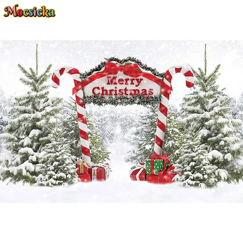 Merry Christmas Photography Background Candy Cane Arch Winter Frozen Forest Snowy Xmas Holiday Party Child Portrait Photo Studio