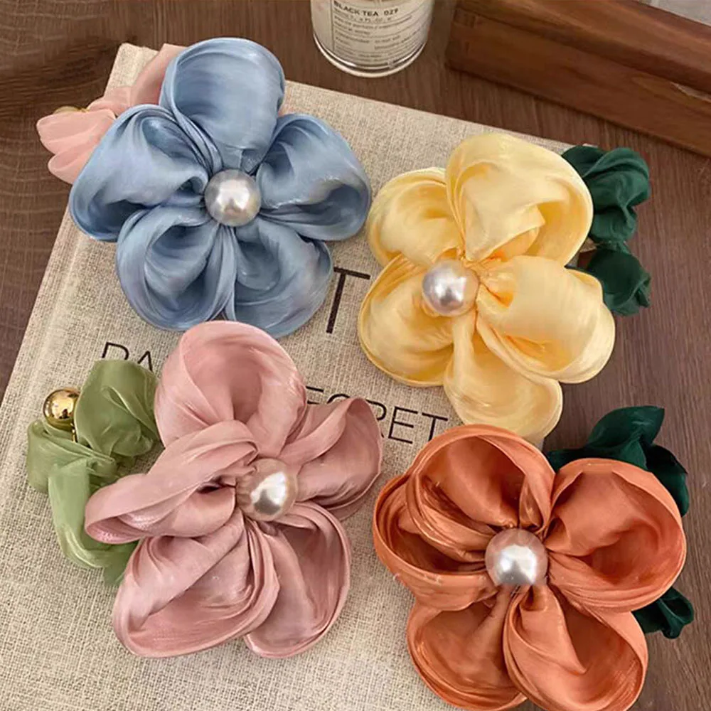 Silk Colored Flowers Elastic Rubber Fashion Pearl Hair Ties Scrunchies Bands Ponytail Holder Sweet Head Ropes Hair Accessories