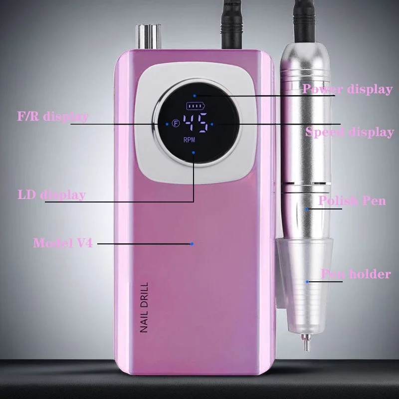 고속 45000RPM 충전식 네일 드릴 머신 LCD 저소음 전문가용 네일 폴리쉬 샌더 네일 액세서리 도구