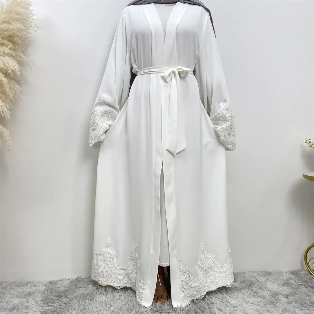 

White Open Abaya Embroidery Appliques Kimono Muslim Women Islamic Clothes Dubai Turkish Modesty Ramadan Eid Outfits Kaftan