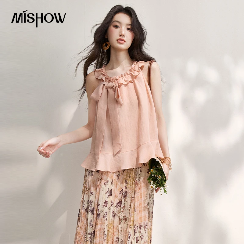 

MISHOW Women's Ramie Halter Blouse 2026 Summer Ruffle Neck Tie Front Sweet Blouses Loose Vacation Sleeveless Pink Top MXF29X2717