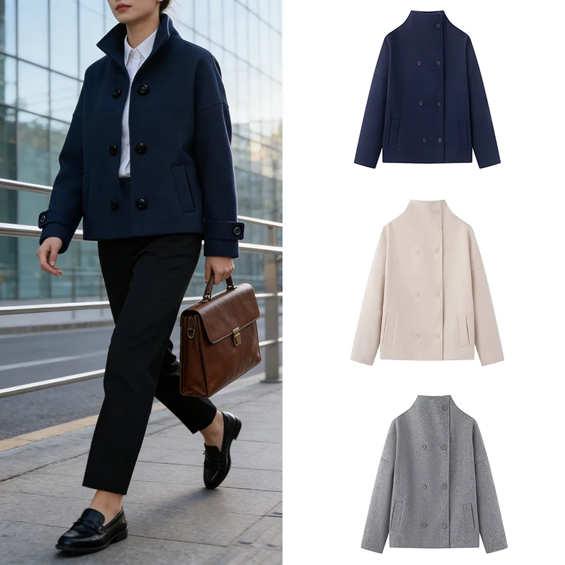 

Разноцветное двубортное короткое пальто нейтрального цвета с воротником-стойкой, повседневная женская куртка в офисном стиле, подходит для весны и Австралии.