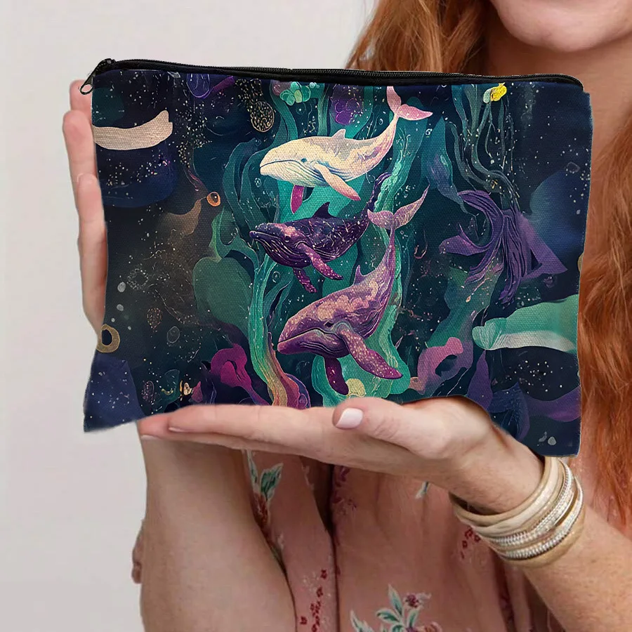 Magical Underwater Whale Ocean Print Cosmetic Bag Portable Zipper Makeup Pouch Travel Toiletry Storage Organizer Gift For Sea