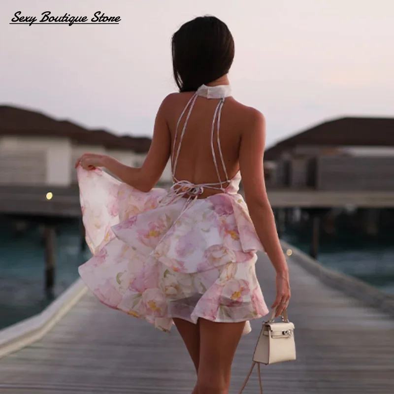 O Neck Floral Printed Short Dress Backless Sleeveless Hem Stacking Dresses  A Line Vestidos 2025 New Lady Party Dresses Gowns
